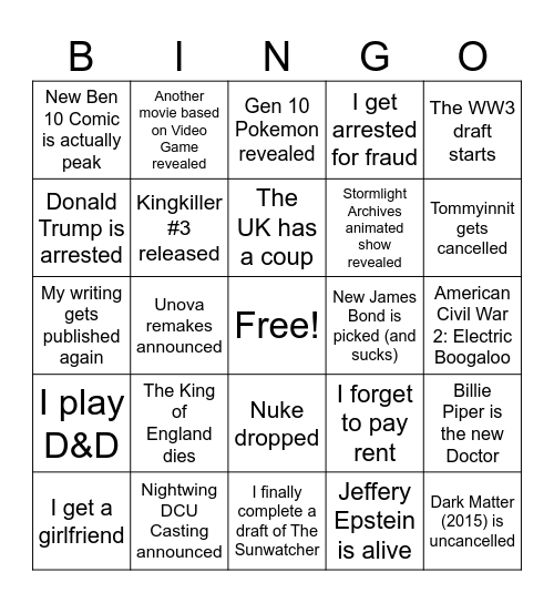 My 2026 Bingo Card! Bingo Card
