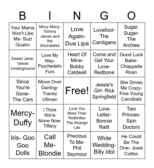 Valentine's Day Music Bingo Card