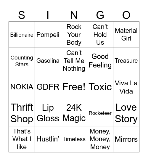 20K Singo! Bingo Card