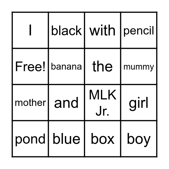 Sight Word Bingo Card