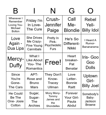 Valentine's Music Bingo Card