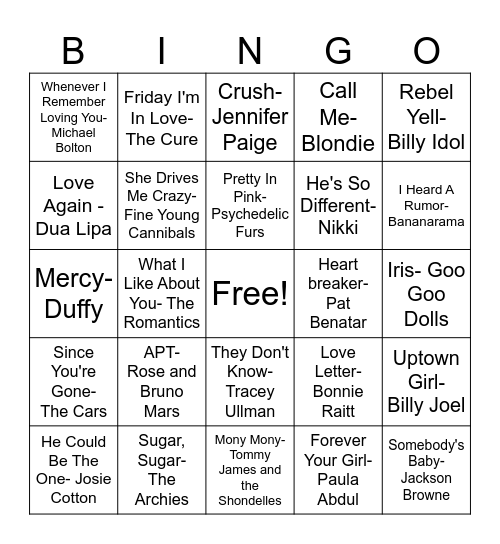Valentine's Music Bingo Card