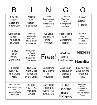 Broadway Love Song Bingo Card