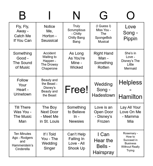 Broadway Love Song Bingo Card