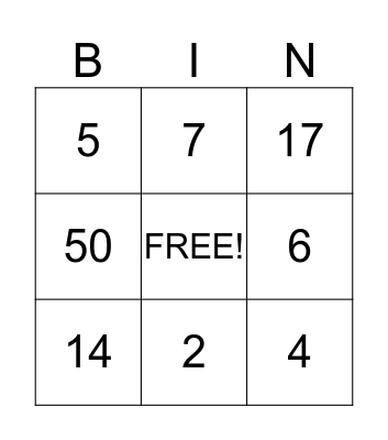 Number Bingo Card