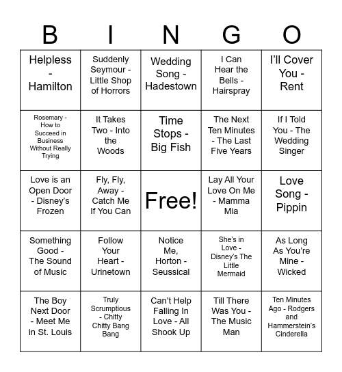 Broadway Love Song Bingo Card
