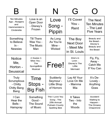 Broadway Love Song Bingo Card
