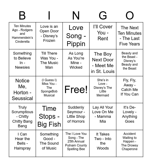 Broadway Love Song Bingo Card