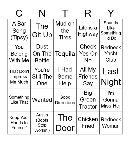 Country Pop Bingo Card