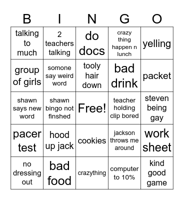 school Bingo Card