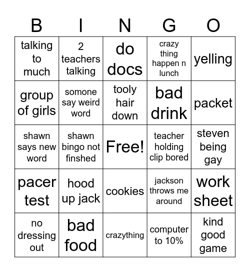 school Bingo Card