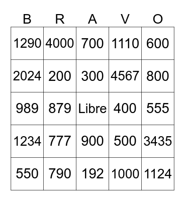 French Numbers Above 100 Bingo Card