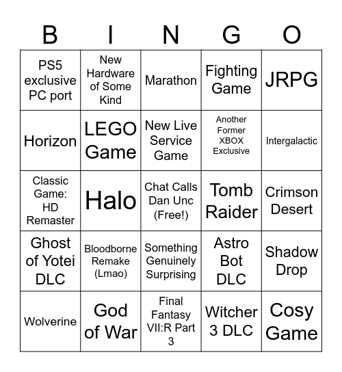 Sony State of Play '26 Bingo Card
