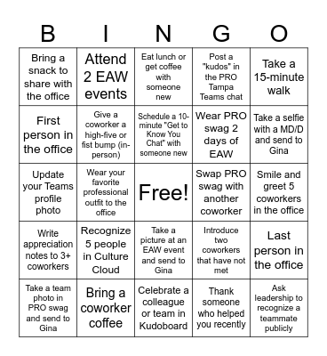 Tampa Employee Appreciation Week Bingo Card