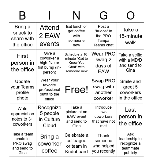 Tampa Employee Appreciation Week Bingo Card