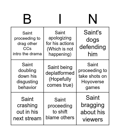 Saint being deplatformed Bingo Card