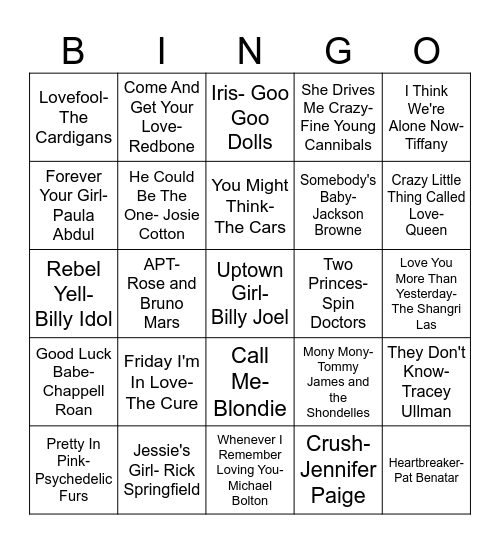 Valentine's Day Music Bingo Card