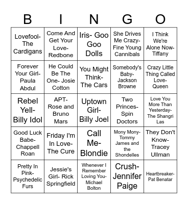 Valentine's Day Music Bingo Card