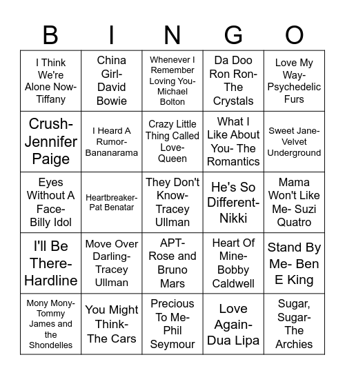 Valentine's Day Music Bingo Card
