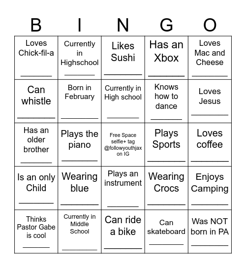 FOLLOW YOUTH HUMAN BINGO Card