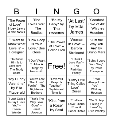 Love Song Bingo Card