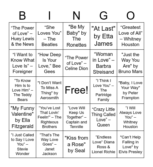 Love Song Bingo Card