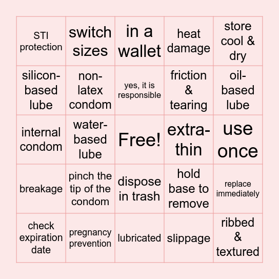 Condom Basics 101 Bingo Card
