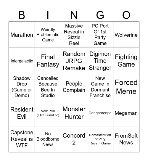 Sony State of Play 2/12/26 Bingo Card