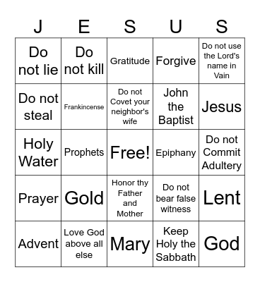 4th Grade Lent Bingo Card