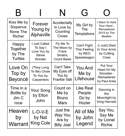 Love Song Bingo Card