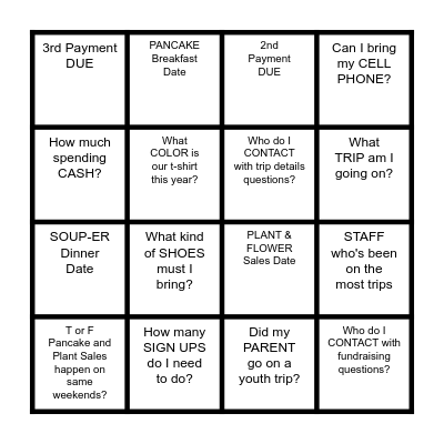 Youth Trip Meeting Bingo Card