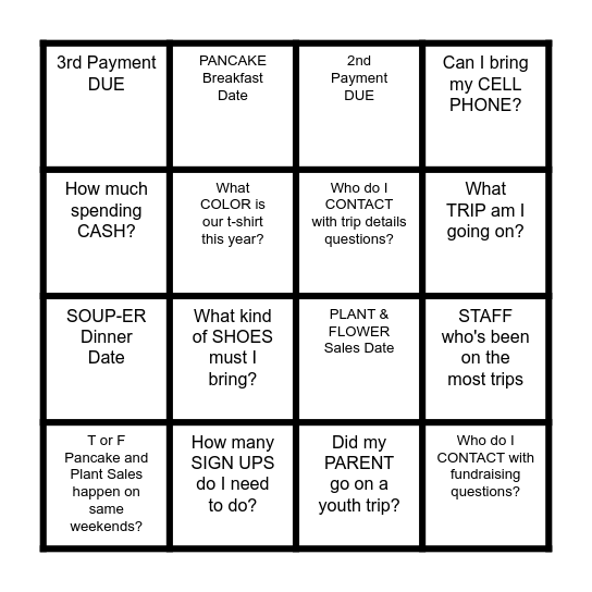 Youth Trip Meeting Bingo Card