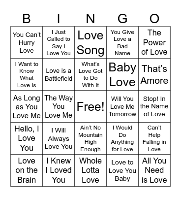 Love Song Bingo Card
