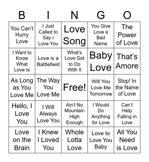 Love Song Bingo Card