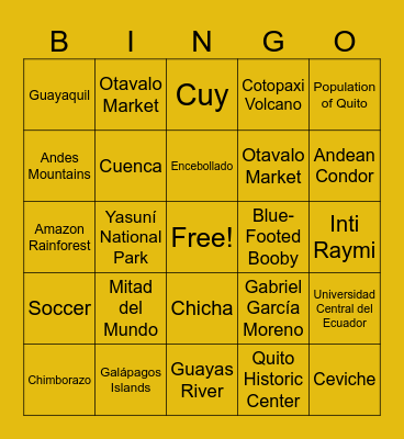Ecuador BINGO Card