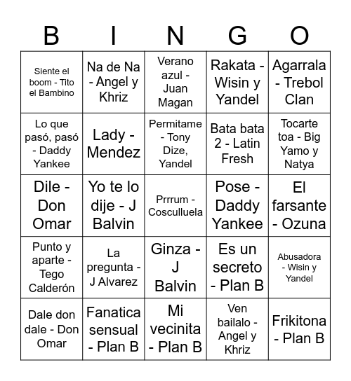 Reggaeton BINGO Card