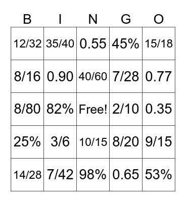 Fractions and Percents Bingo Card