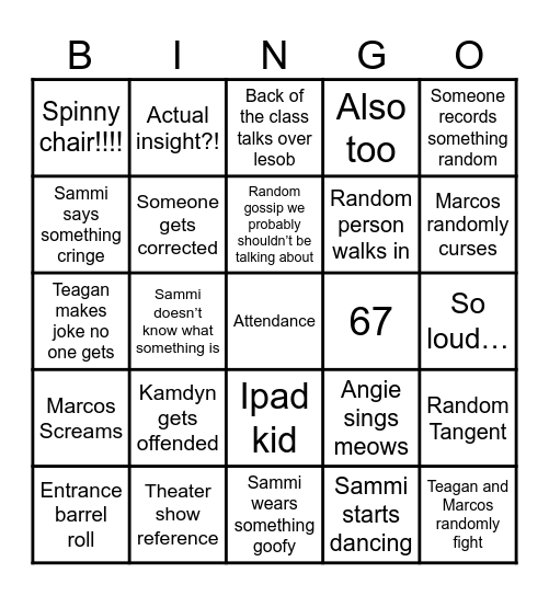 6th Period BINGO Card