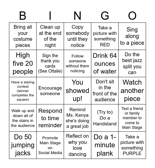 Mainstage Bingo Card