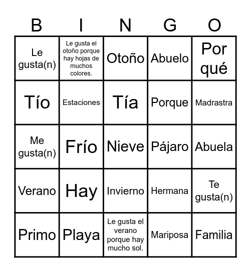 Estaciones/ Familia/ I Like, You Like, S/he Likes/ There is,are/ And/ Because/ Why Bingo Card
