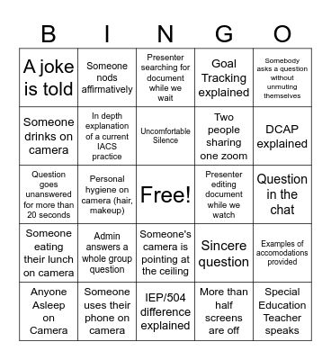 Staff Zoom Bingo Card