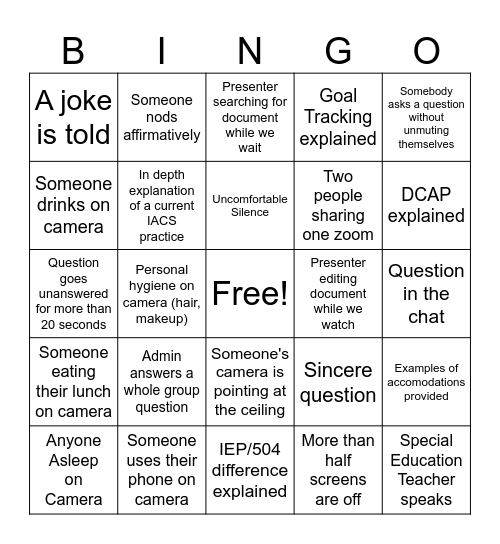 Staff Zoom Bingo Card
