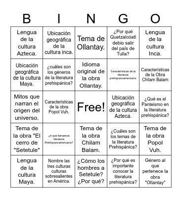 Literatura Prehispanoamericana Bingo Card