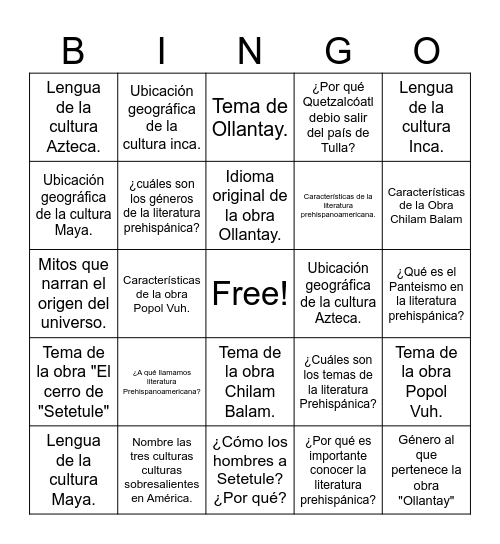 Literatura Prehispanoamericana Bingo Card
