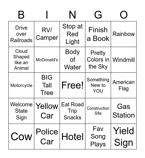 Road Trip Bingo Card