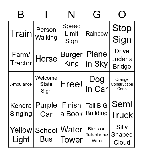 Road Trip BINGO Card