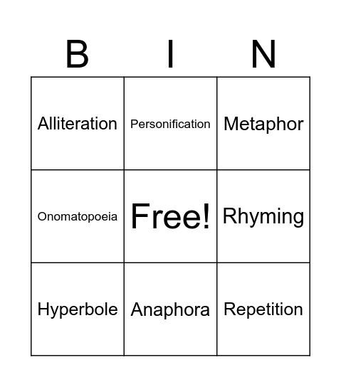 Poetic Devices Bingo Card
