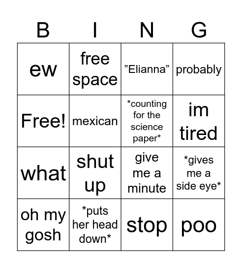 Things Mae says Bingo Card