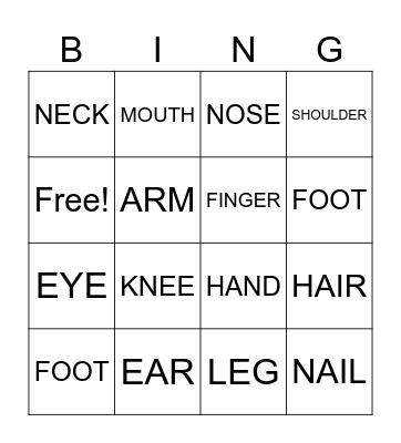 Body Parts Bingo Card