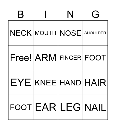 Body Parts Bingo Card